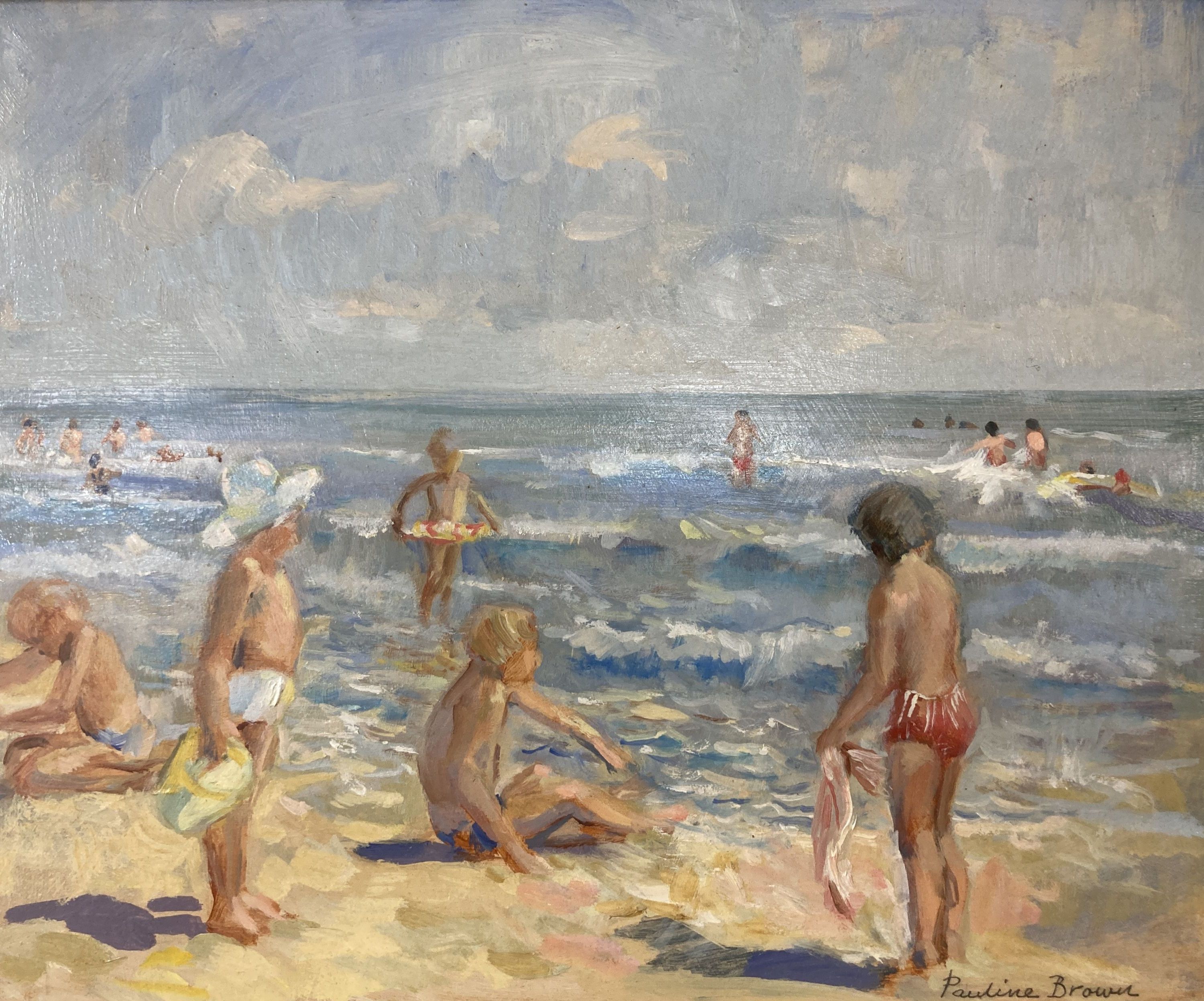 Pauline Brown (9126-), oil on board, Playing by the sea, signed, 23 x 29cm